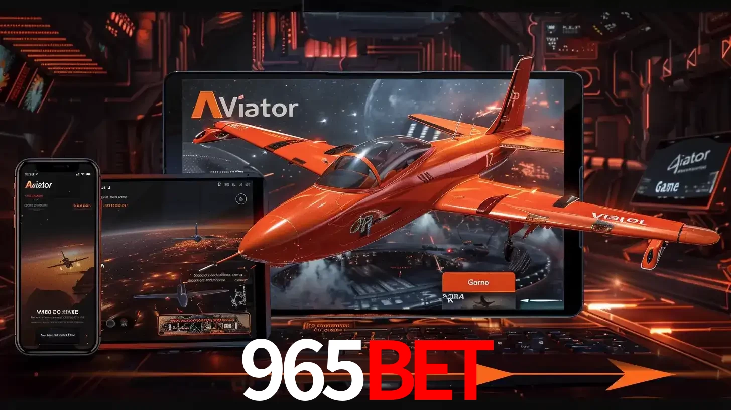 Apresentação tecnológica do jogo Aviator com um avião saindo da tela de um tablet, demonstrando a experiência imersiva em múltiplos dispositivos no 965bet.