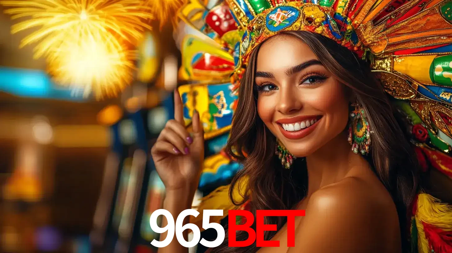 Mulher sorridente com um cocar de carnaval vibrante e colorido, celebrando uma grande vitória nos jogos do cassino 965bet com fogos de artifício ao fundo.