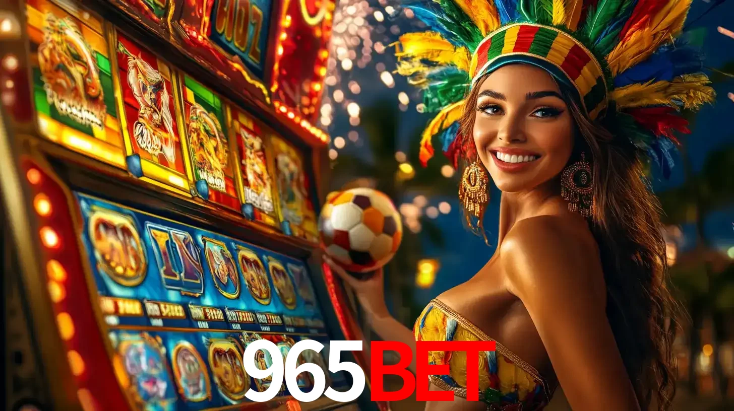 Mulher com um cocar de carnaval ao lado de uma máquina de caça-níqueis enquanto segura uma bola de futebol, mostrando a união da diversão de cassino e esportes no 965bet.