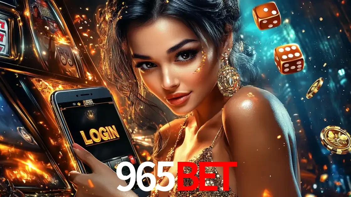 Mulher glamourosa segurando um celular com a tela de login do cassino 965bet, rodeada por dados e moedas douradas, pronta para começar a diversão.
