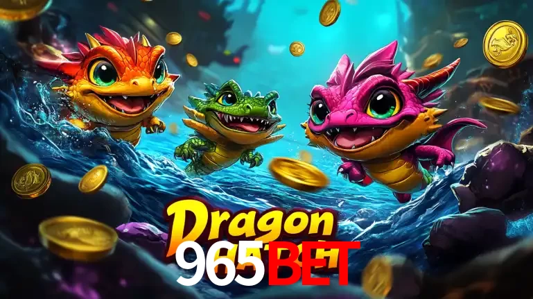 Arte promocional do jogo Dragon Hatch com três adoráveis dragões bebês nadando entre moedas de ouro, um dos slots mais divertidos para jogar no cassino 965bet.