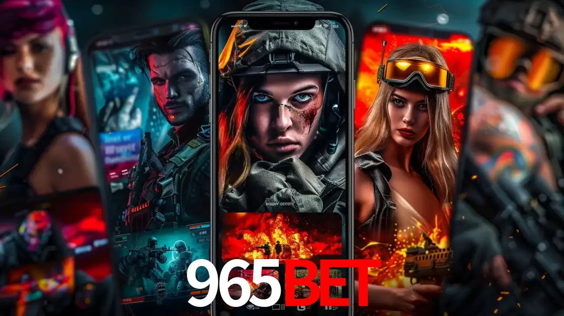 Montagem de telas de celular mostrando diversos personagens, masculinos e femininos, de um jogo de tiro, ilustrando a diversidade de equipes de e-sports para apostar no 965bet.