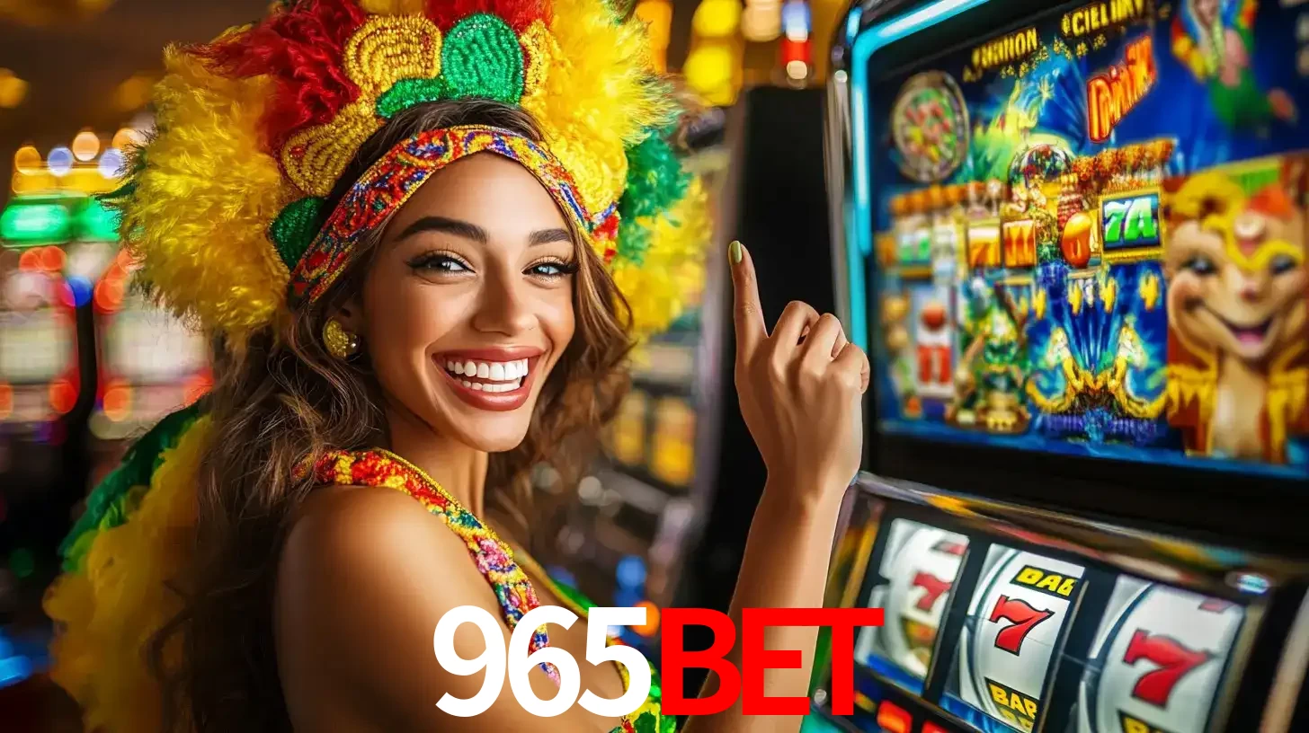 Mulher animada com um cocar de carnaval apontando para uma máquina de caça-níqueis, mostrando a emoção de ganhar um grande prêmio nos jogos do 965bet.