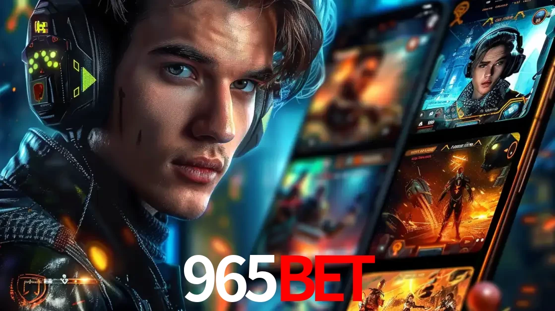 Jovem jogador com fones de ouvido olhando para a câmera, com um aplicativo de jogos e e-sports para celular ao fundo, pronto para a competição e apostas no 965bet.