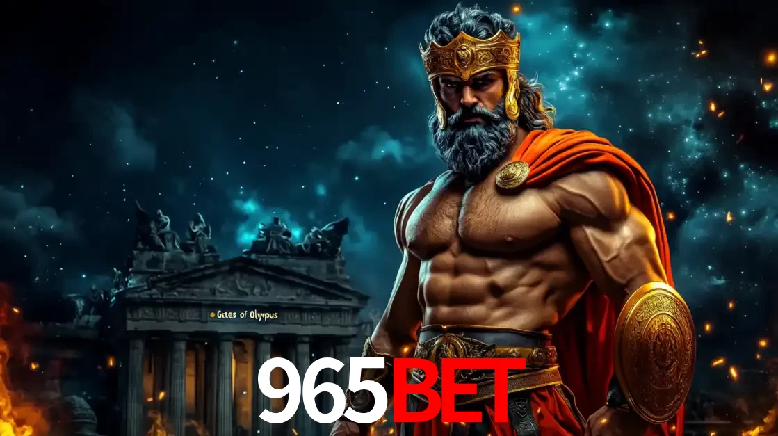 O poderoso Zeus do jogo de slot Gates of Olympus em frente ao seu templo, pronto para lançar multiplicadores divinos e prêmios épicos no cassino online 965bet.