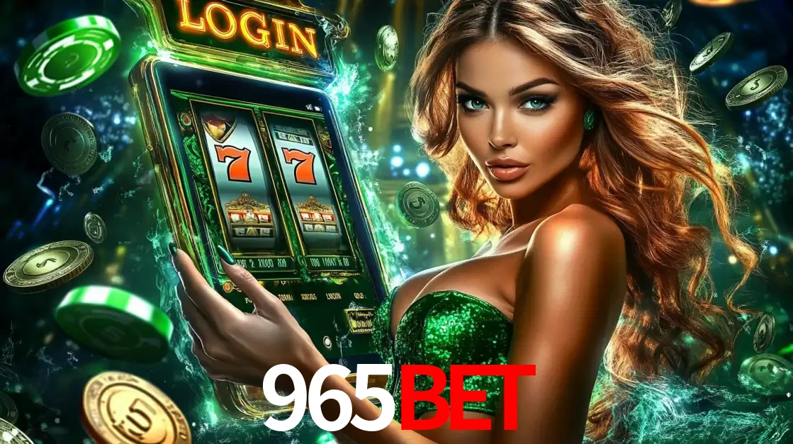 Mulher com tema verde apresentando o aplicativo do cassino 965bet com um jogo de slot de 777, cercada por fichas de cassino e uma aura de sorte.