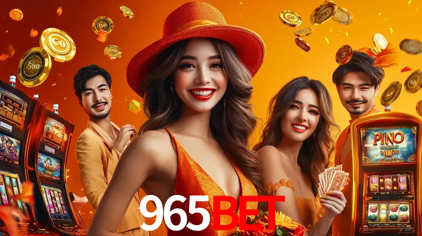 Grupo de amigos asiáticos sorrindo e se divertindo com máquinas de caça-níqueis em um ambiente festivo, celebrando suas vitórias nos jogos de cassino do 965bet.