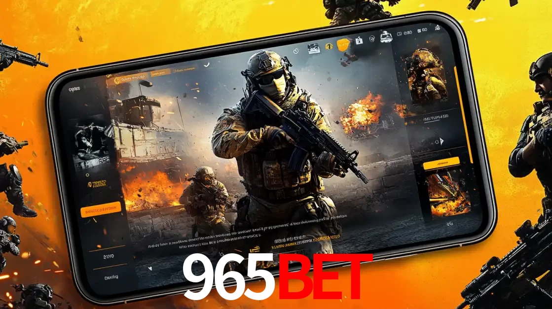 Um smartphone exibindo a interface de um jogo de tiro em primeira pessoa, com um soldado em um cenário de batalha, representando a ação dos e-sports para apostar no 965bet.