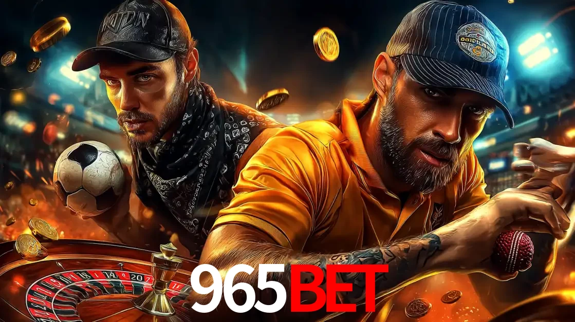 Montagem de apostas esportivas e cassino no 965bet, com um homem segurando uma bola de futebol e outro uma de beisebol sobre uma roleta e moedas voadoras.