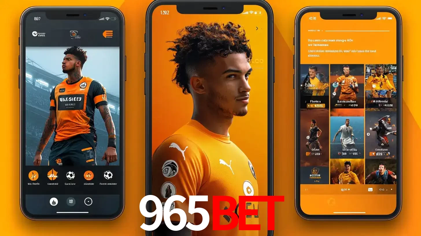 Interface do aplicativo de apostas esportivas 965bet em três telas de celular, mostrando o perfil de um jogador de futebol e a lista de jogos disponíveis para apostar.