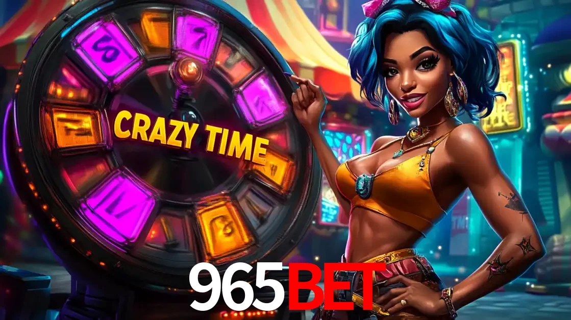 Mulher estilizada com cabelo azul e visual vibrante posando ao lado da roda de prêmios do game show Crazy Time, convidando para a diversão e os bônus do cassino 965bet.