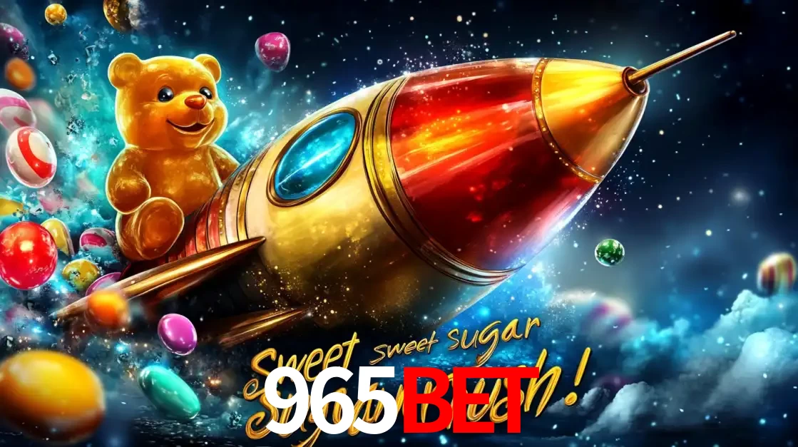 Arte promocional do jogo de slot Sugar Rush, com um urso de pelúcia em um foguete viajando pelo espaço de doces, um dos jogos divertidos disponíveis no cassino 965bet.
