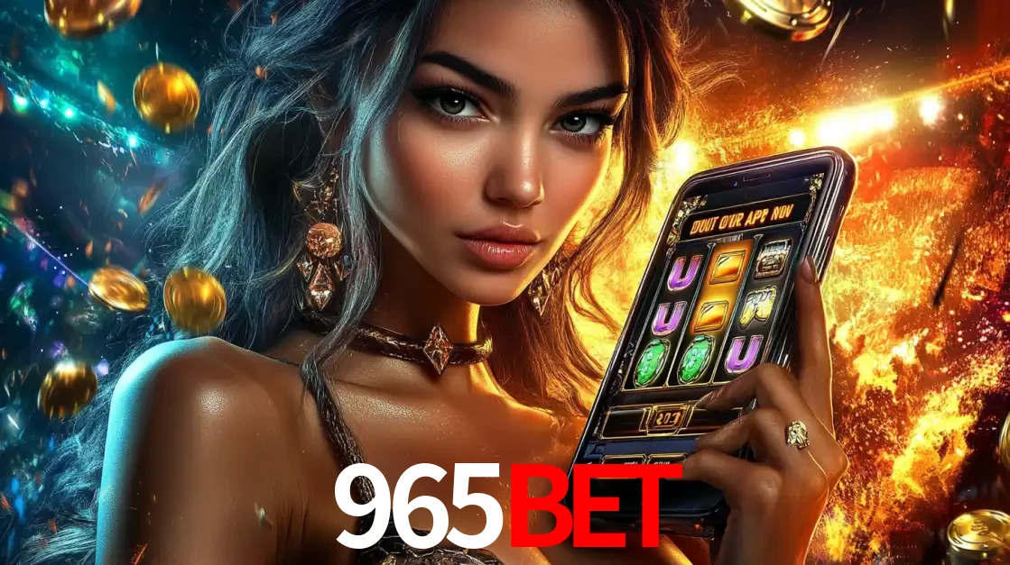 Mulher elegante mostrando um jogo de caça-níqueis em seu smartphone, destacando a experiência de cassino móvel oferecida pelo aplicativo 965bet.