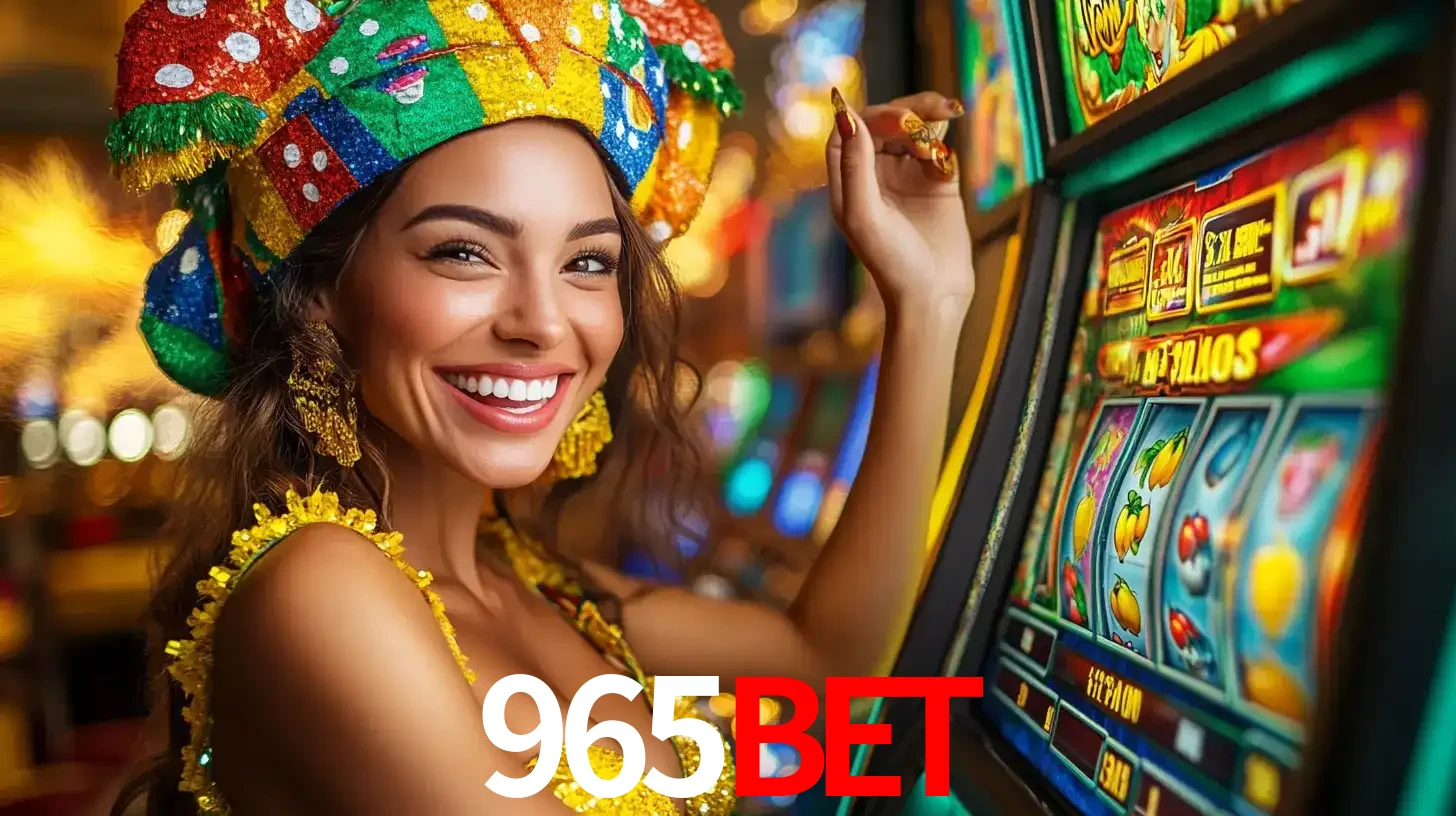 Mulher feliz com traje de carnaval amarelo e colorido ao lado de uma máquina de caça-níqueis, aproveitando a diversão e os jogos temáticos do cassino 965bet.