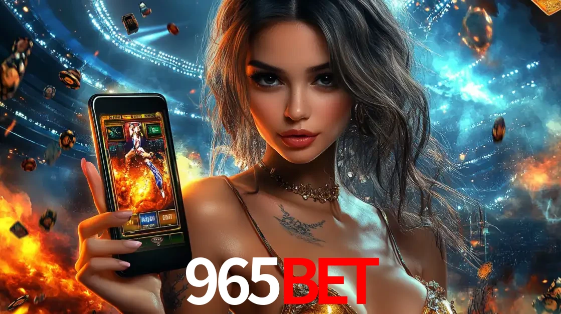 Mulher segurando um celular com um jogo de slot em destaque, tendo como fundo um estádio vibrante, simbolizando a emoção de jogar no cassino móvel 965bet.