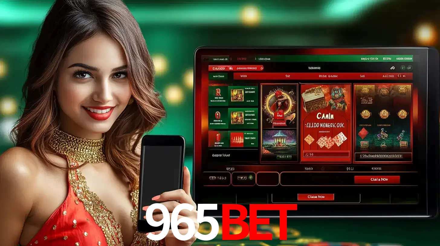 Mulher sorridente segurando um smartphone, ao lado de uma tela exibindo o lobby de jogos do cassino online 965bet, com várias opções de jogos de cartas e slots.